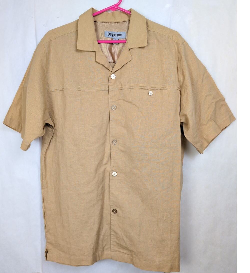 Stacy Adams tan linen button up shirt Size Med Coastal Organic Resort Minimal